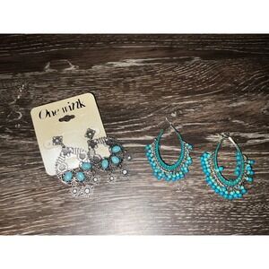 One Wink Earrings Bundle Bohemian Silver Tone Turquoise Beaded Drop Hoop